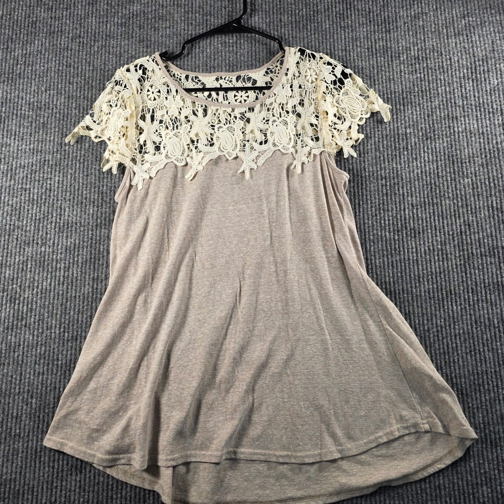 Boho Crochet Lace Yoke Knit Top Heathered Tan Cap Sleeve Scoop Neck Tunic